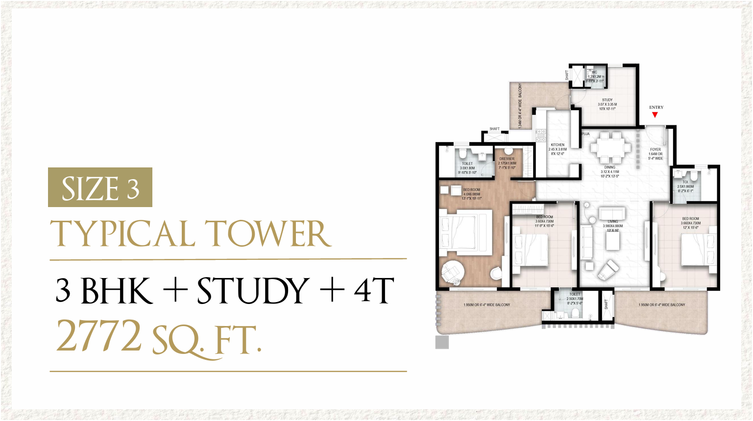 3 BHK + Study + 4T
